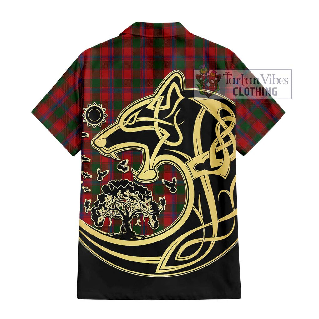 Bruce Old Tartan Short Sleeve Button Shirt with Family Crest Celtic Wolf Style - Tartan Vibes Clothing