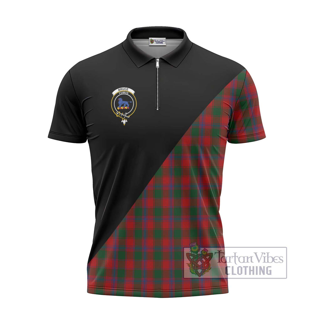 Bruce Old Tartan Zipper Polo Shirt with Family Crest and Military Logo Style - Tartanvibesclothing Shop