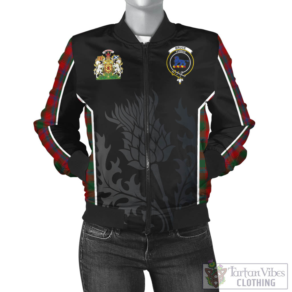 Tartan Vibes Clothing Bruce Old Tartan Bomber Jacket with Family Crest and Scottish Thistle Vibes Sport Style