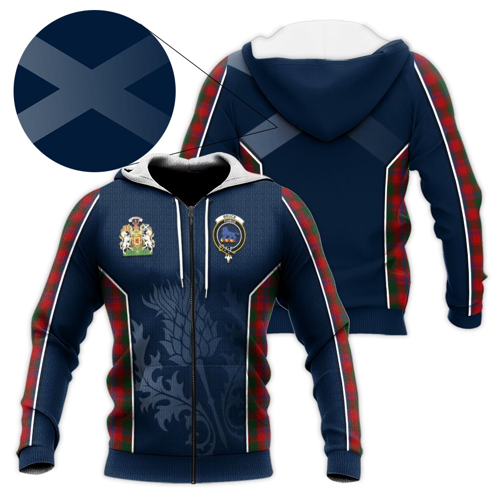 Tartan Vibes Clothing Bruce Old Tartan Knitted Hoodie with Family Crest and Scottish Thistle Vibes Sport Style