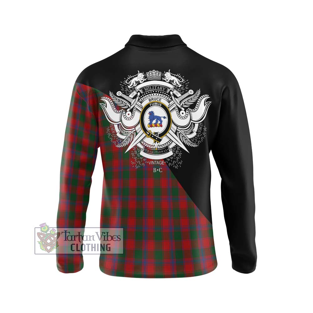 Bruce Old Tartan Long Sleeve Polo Shirt with Family Crest and Military Logo Style - Tartanvibesclothing Shop