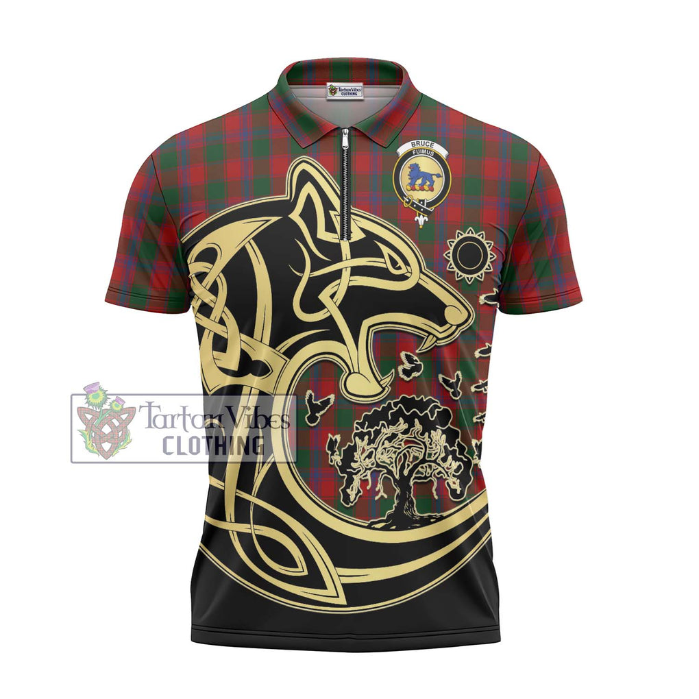 Bruce Old Tartan Zipper Polo Shirt with Family Crest Celtic Wolf Style - Tartanvibesclothing Shop