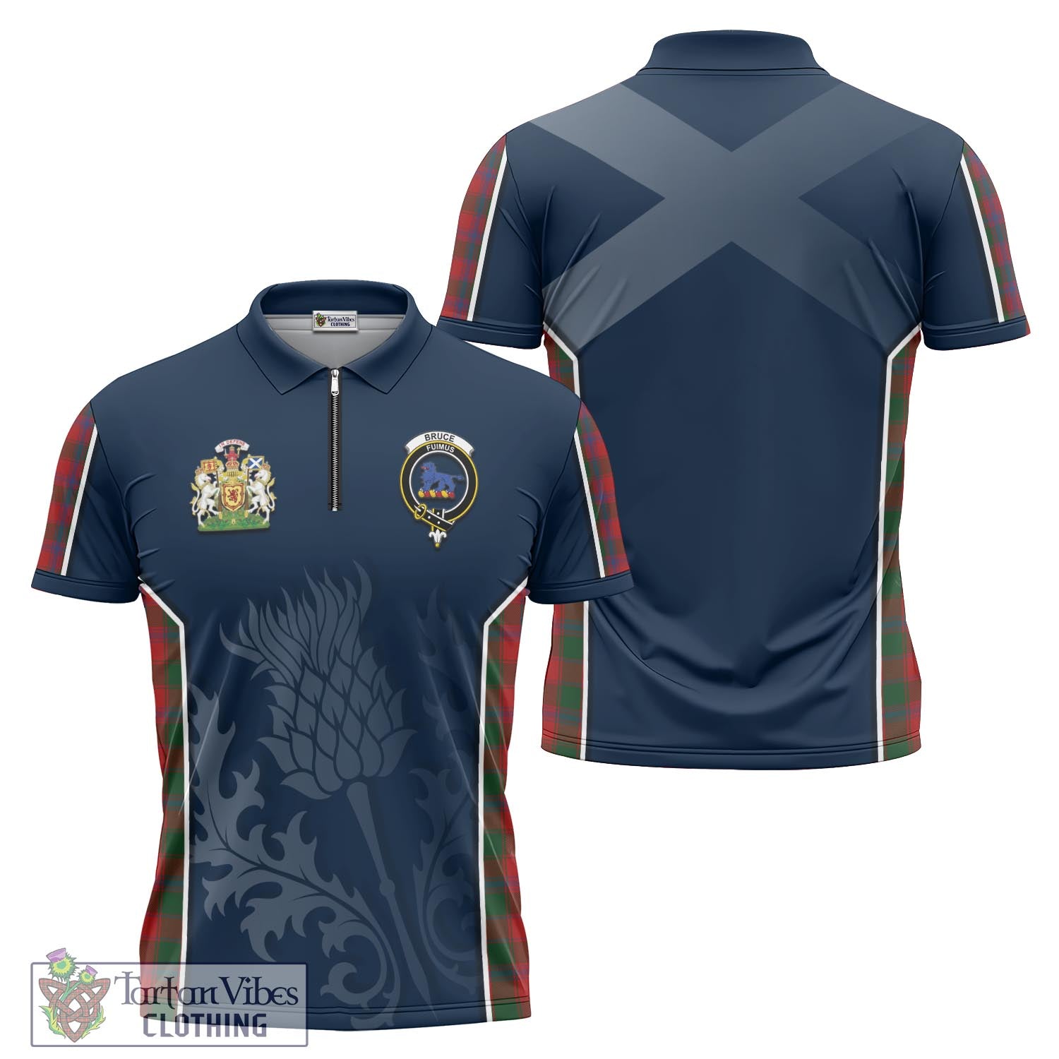 Tartan Vibes Clothing Bruce Old Tartan Zipper Polo Shirt with Family Crest and Scottish Thistle Vibes Sport Style