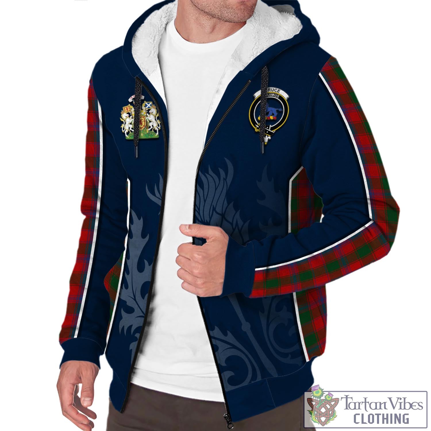 Tartan Vibes Clothing Bruce Old Tartan Sherpa Hoodie with Family Crest and Scottish Thistle Vibes Sport Style