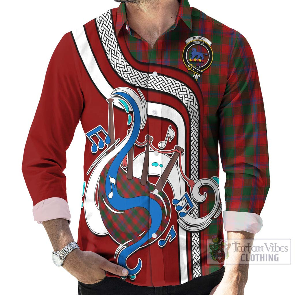 Bruce Old Tartan Long Sleeve Button Shirt with Epic Bagpipe Style - Tartanvibesclothing Shop