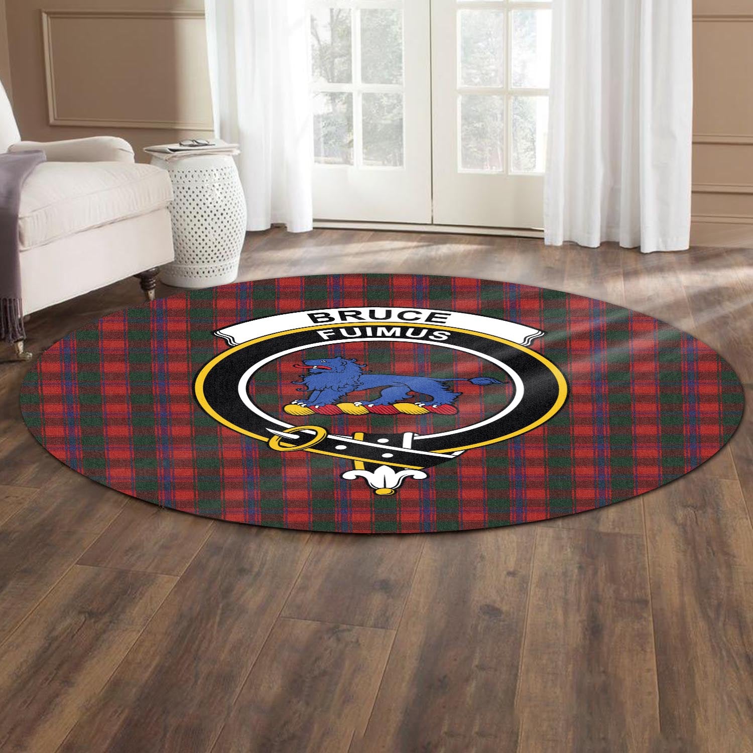 Bruce Old Tartan Round Rug with Family Crest - Tartanvibesclothing