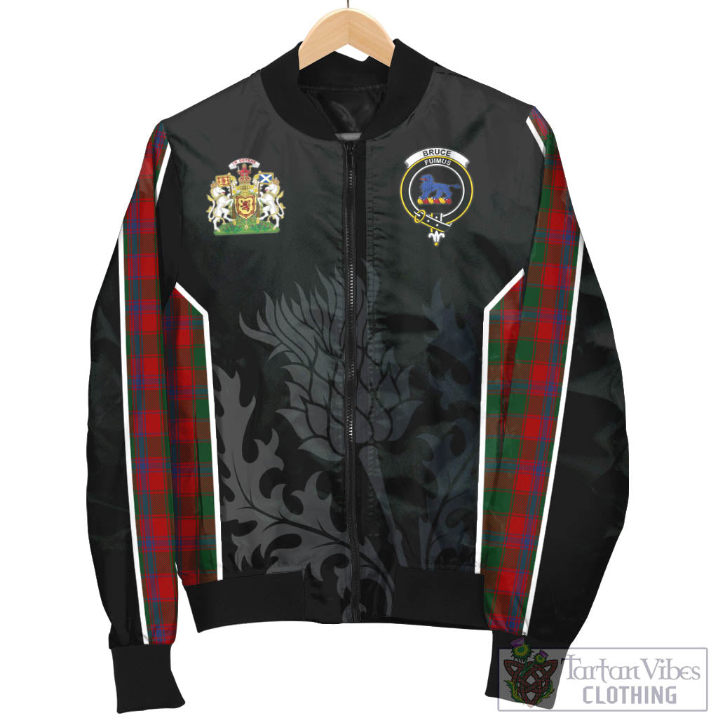 Tartan Vibes Clothing Bruce Old Tartan Bomber Jacket with Family Crest and Scottish Thistle Vibes Sport Style