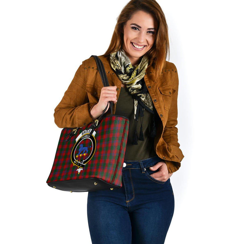 Bruce Old Tartan Leather Tote Bag with Family Crest - Tartanvibesclothing