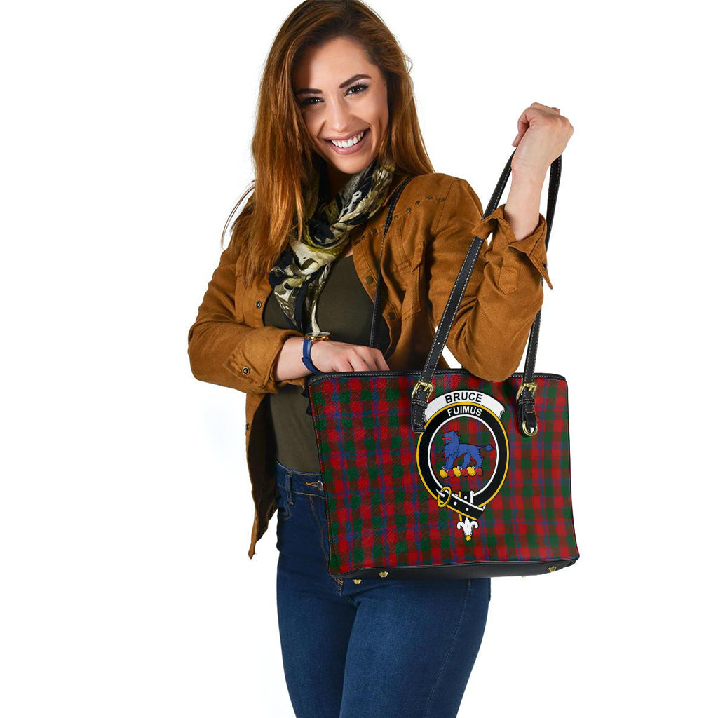 Bruce Old Tartan Leather Tote Bag with Family Crest - Tartanvibesclothing