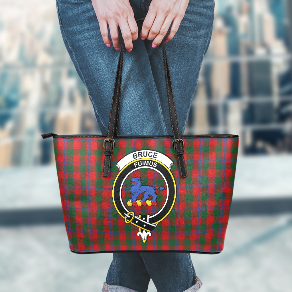 Bruce Old Tartan Leather Tote Bag with Family Crest - Tartanvibesclothing