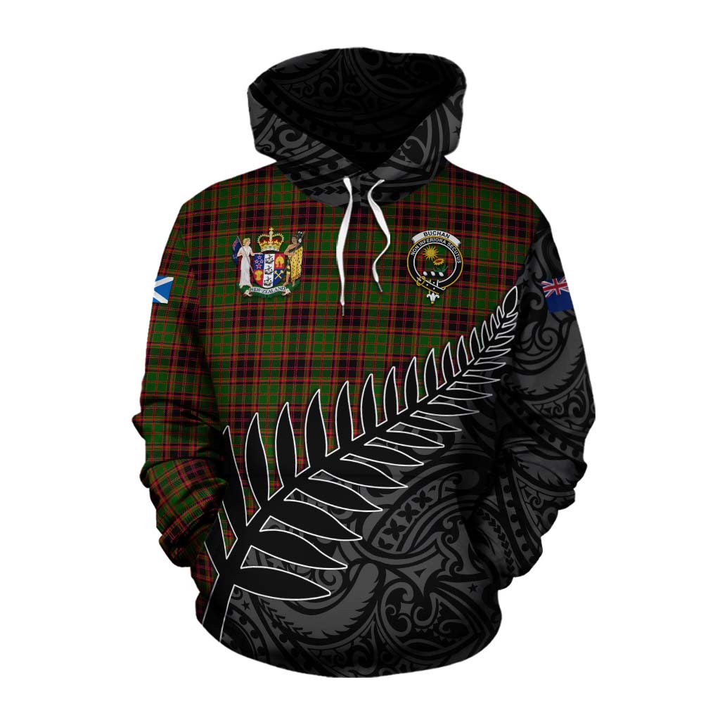 Tartan Vibes Clothing Buchan Crest Tartan Cotton Hoodie with New Zealand Silver Fern Half Style