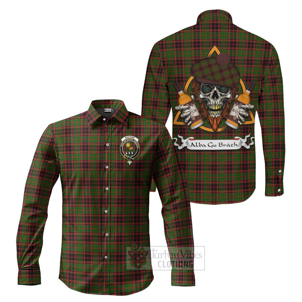 Tartan Vibes Clothing Buchan Tartan Long Sleeve Button Shirt with Family Crest and Bearded Skull Holding Bottles of Whiskey