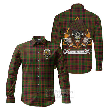 Buchan Tartan Long Sleeve Button Shirt with Family Crest and Bearded Skull Holding Bottles of Whiskey