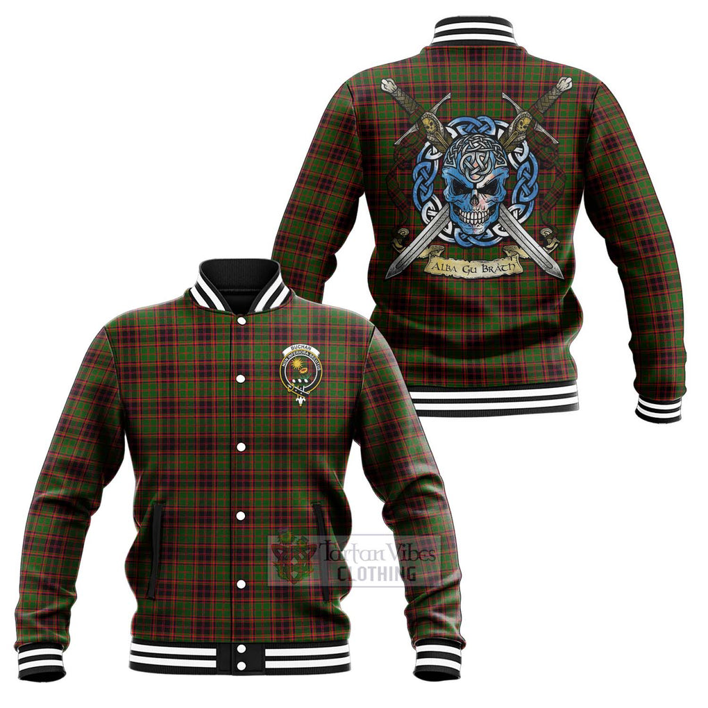 Tartan Vibes Clothing Buchan Tartan Baseball Jacket with Family Crest Celtic Skull Style