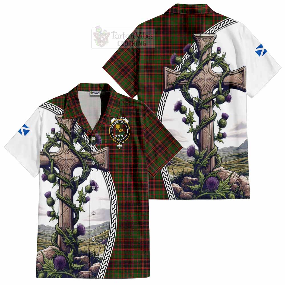 Tartan Vibes Clothing Buchan Tartan Short Sleeve Button Shirt with Family Crest and St. Andrew's Cross Accented by Thistle Vines