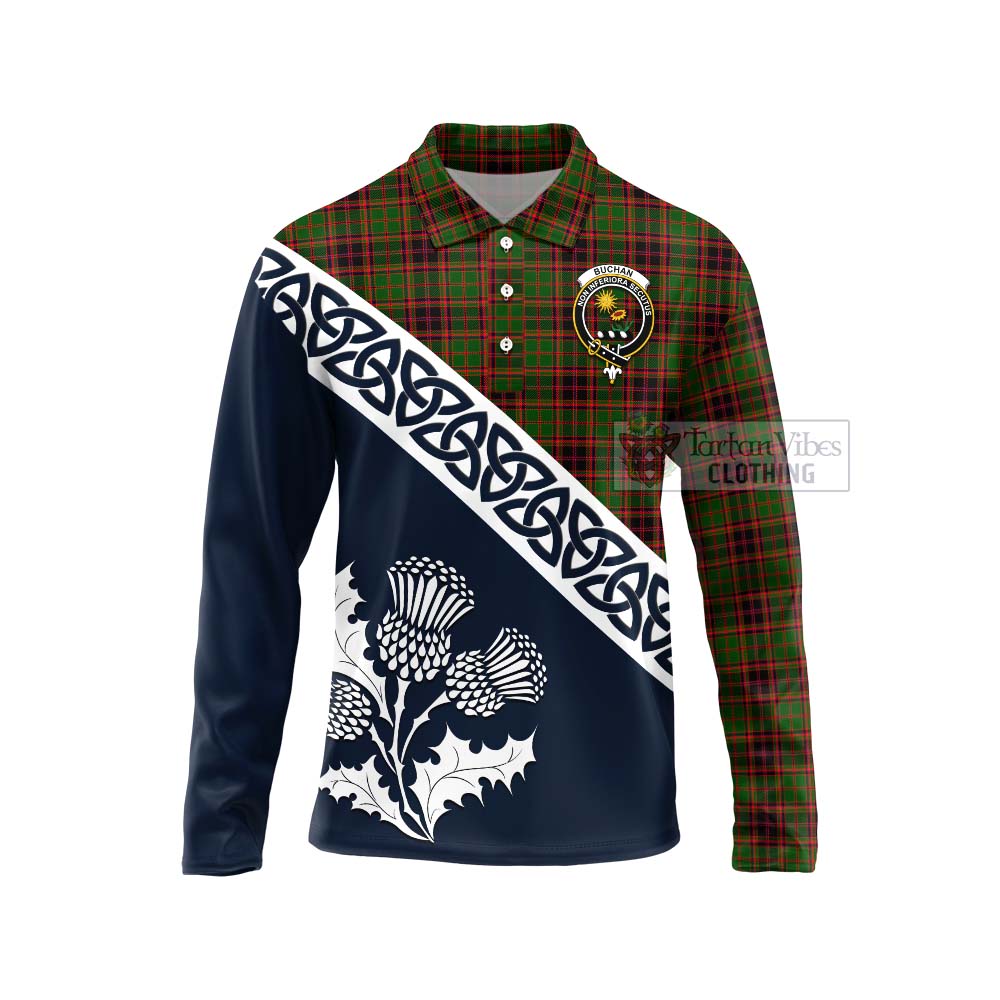 Tartan Vibes Clothing Buchan Tartan Long Sleeve Polo Shirt Featuring Thistle and Scotland Map