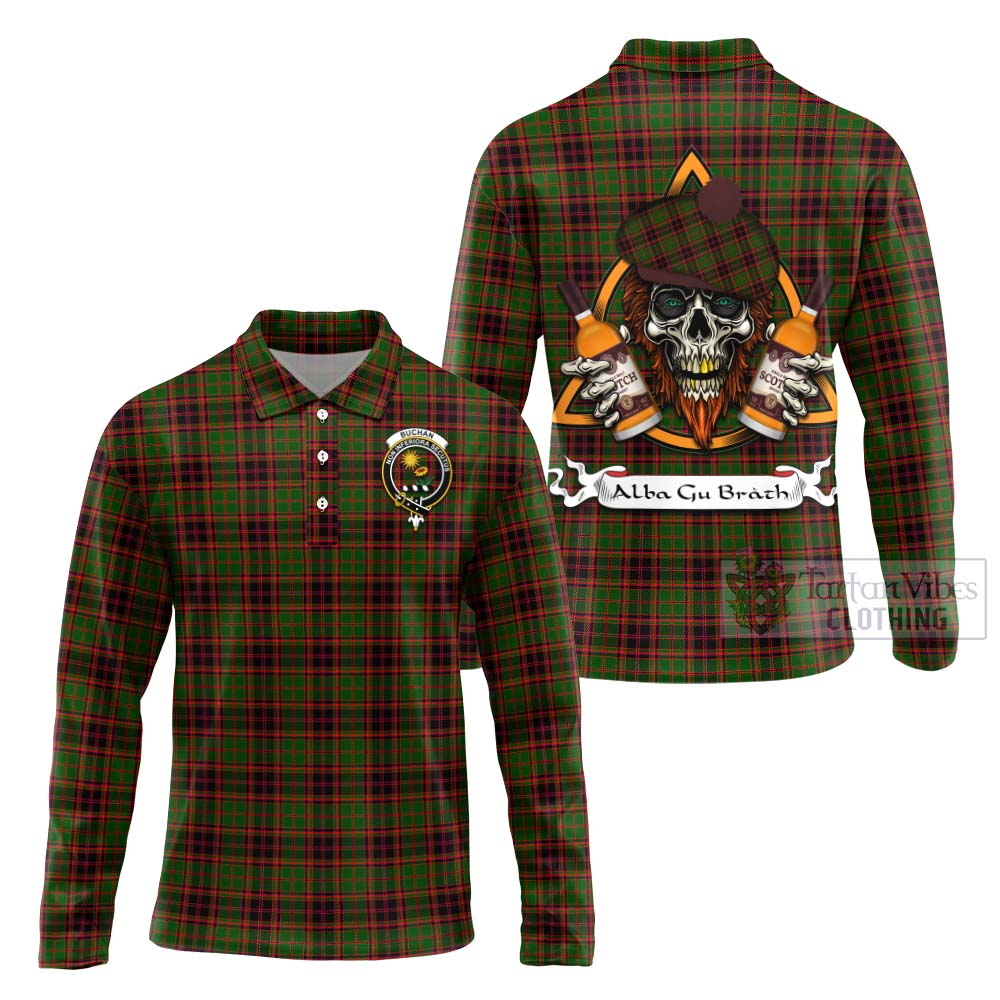 Tartan Vibes Clothing Buchan Tartan Long Sleeve Polo Shirt with Family Crest and Bearded Skull Holding Bottles of Whiskey