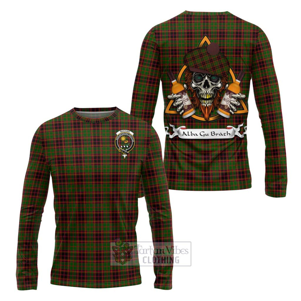 Tartan Vibes Clothing Buchan Tartan Long Sleeve T-Shirt with Family Crest and Bearded Skull Holding Bottles of Whiskey