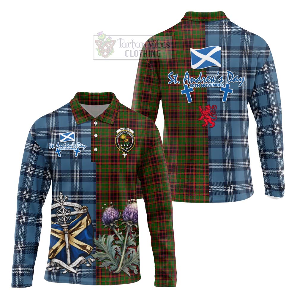 Tartan Vibes Clothing Buchan Tartan Long Sleeve Polo Shirt Happy St. Andrew's Day Half Tartan Style