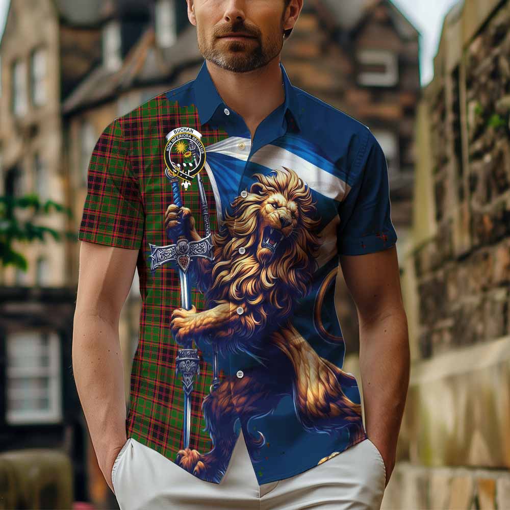 Tartan Vibes Clothing Buchan Tartan Family Crest Short Sleeve Button Shirt with Scottish Majestic Lion