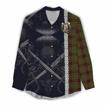 Buchan Tartan Women's Casual Shirt with Family Crest Cross Sword Thistle Celtic Vibes