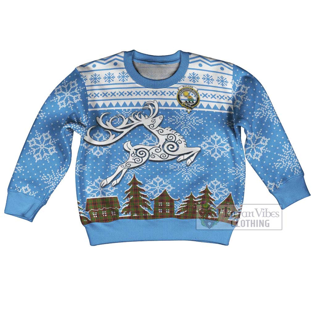 Tartan Vibes Clothing Buchan Clan Christmas Kid Ugly Sweater with Tartan and Celtic Raindeer Style