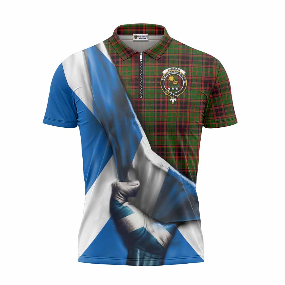 Tartan Vibes Clothing Buchan Tartan Zipper Polo Shirt with Family Crest Scotland Patriotic Style