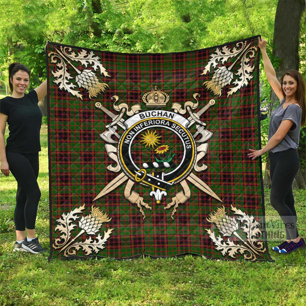 Tartan Vibes Clothing Buchan Tartan Quilt with Family Crest and Scottish Golden Courage Shield