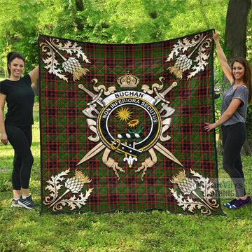 Buchan Tartan Quilt with Family Crest and Golden Thistle Crossed Sword Design