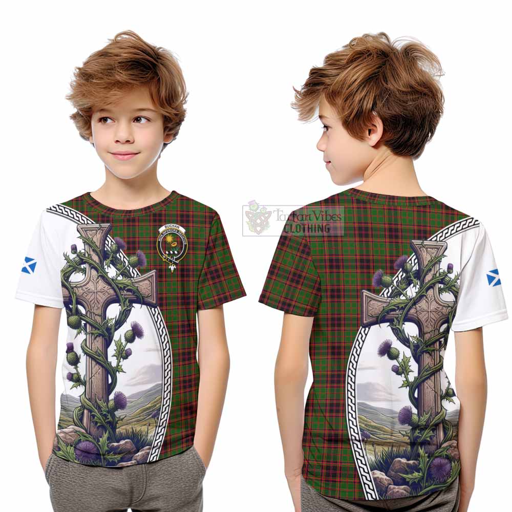 Tartan Vibes Clothing Buchan Tartan Kid T-Shirt with Family Crest and St. Andrew's Cross Accented by Thistle Vines