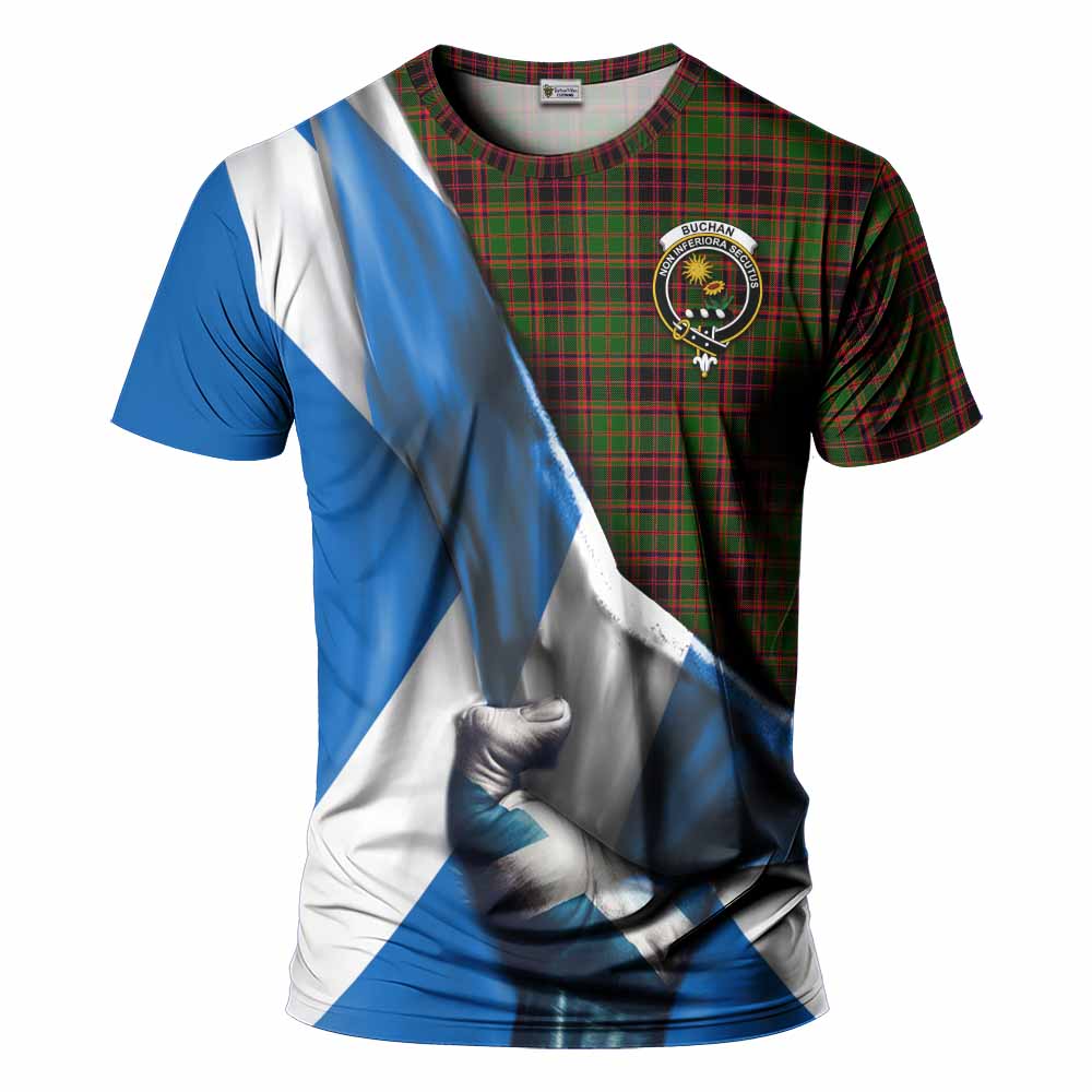 Tartan Vibes Clothing Buchan Tartan T-Shirt with Family Crest Scotland Patriotic Style