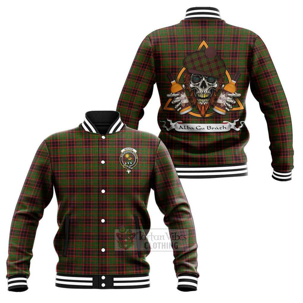 Tartan Vibes Clothing Buchan Tartan Baseball Jacket with Family Crest and Bearded Skull Holding Bottles of Whiskey