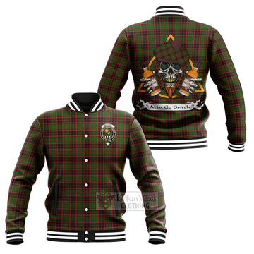 Buchan Tartan Baseball Jacket with Family Crest and Bearded Skull Holding Bottles of Whiskey