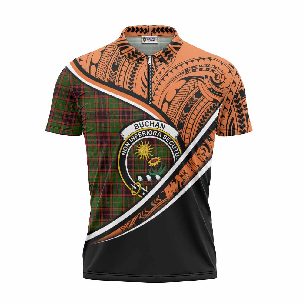 Tartan Vibes Clothing Buchan Crest Tartan Zipper Polo Shirt with Maori Tattoo Style - Orange Version