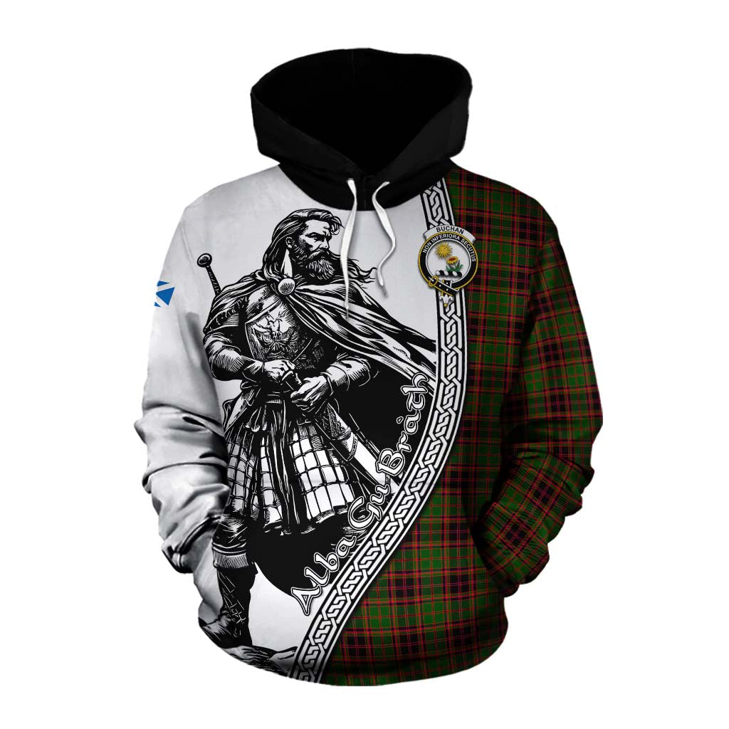 Tartan Vibes Clothing Buchan Tartan Clan Crest Cotton Hoodie with Highlander Warrior Celtic Style