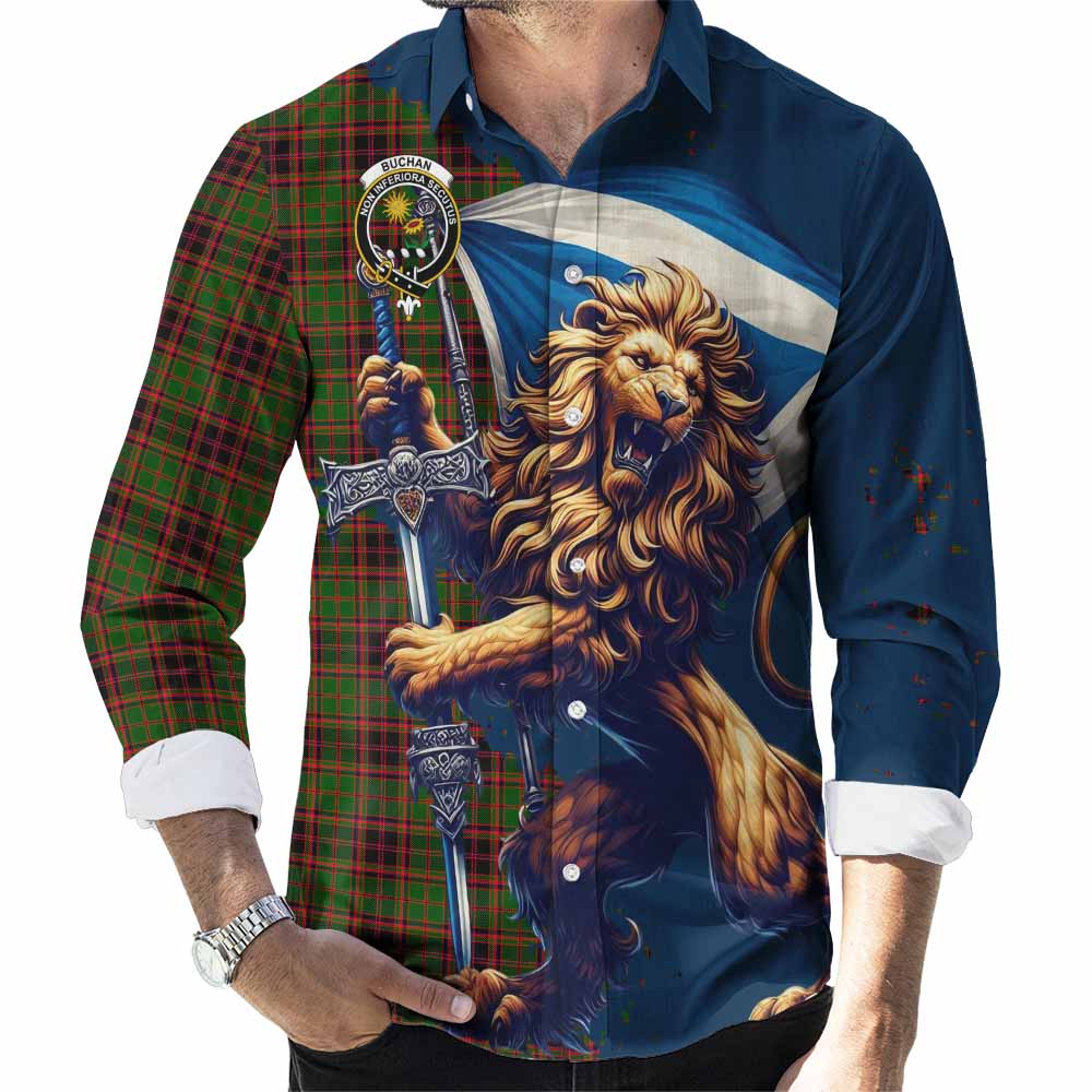 Tartan Vibes Clothing Buchan Tartan Family Crest Long Sleeve Button Shirt with Scottish Majestic Lion