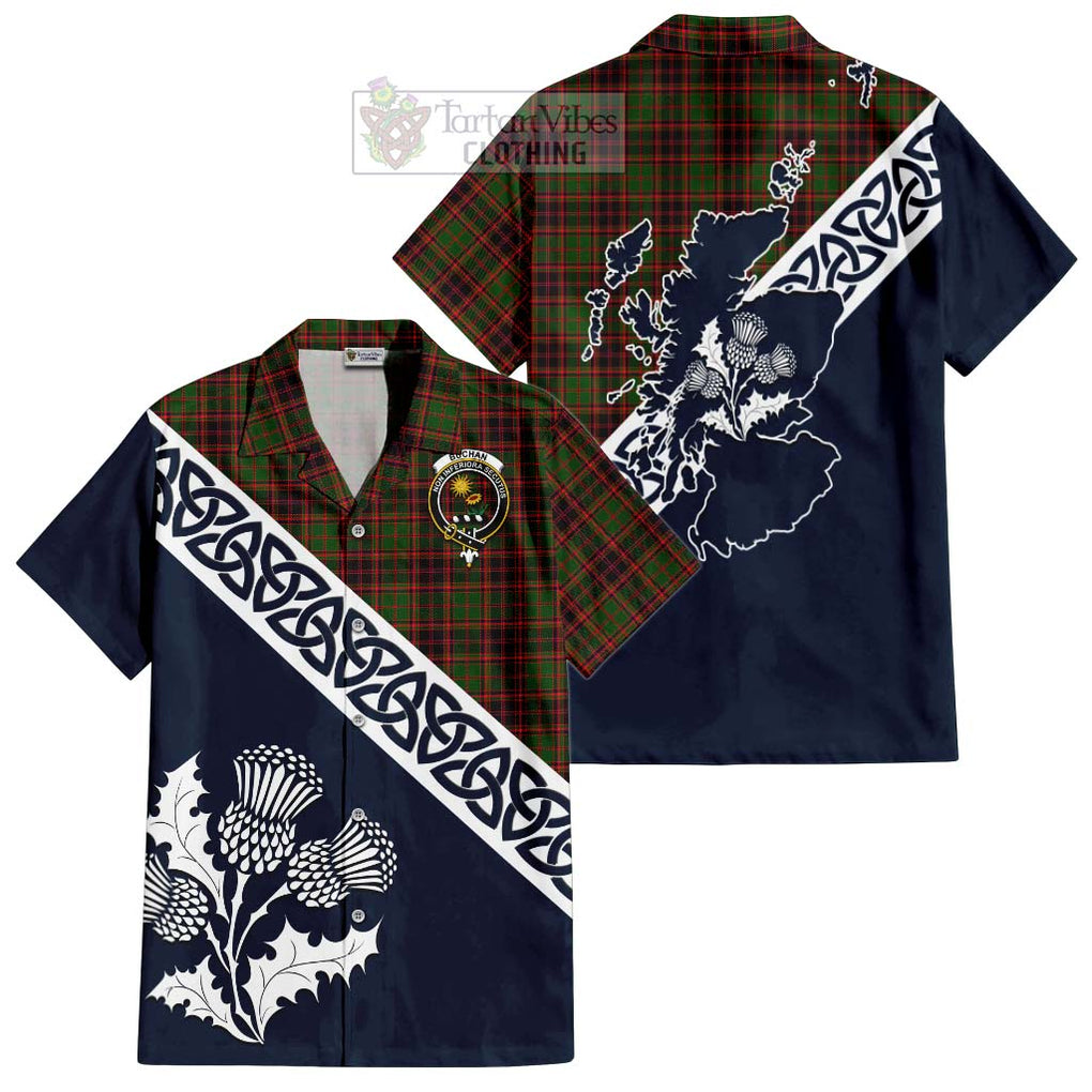 Tartan Vibes Clothing Buchan Tartan Short Sleeve Button Shirt Featuring Thistle and Scotland Map