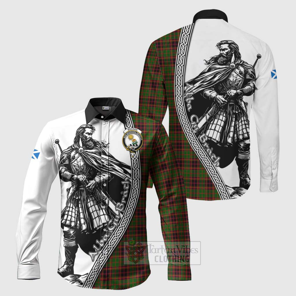 Tartan Vibes Clothing Buchan Tartan Clan Crest Long Sleeve Button Shirt with Highlander Warrior Celtic Style