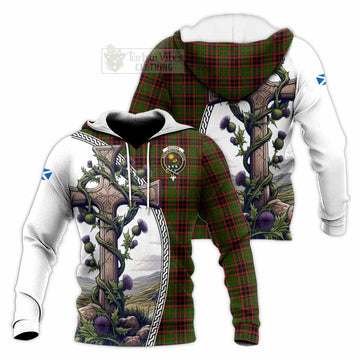 Buchan Tartan Knitted Hoodie with Family Crest and St. Andrew's Cross Accented by Thistle Vines