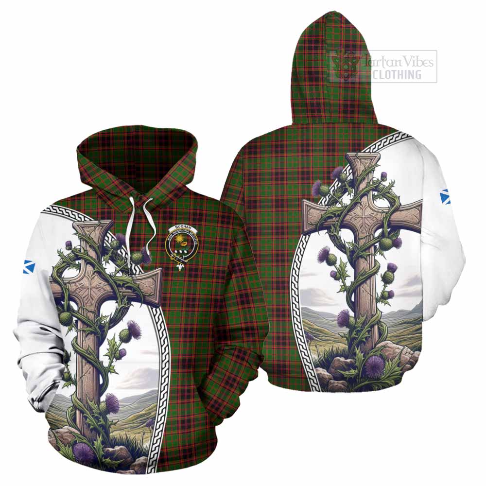 Tartan Vibes Clothing Buchan Tartan Hoodie with Family Crest and St. Andrew's Cross Accented by Thistle Vines