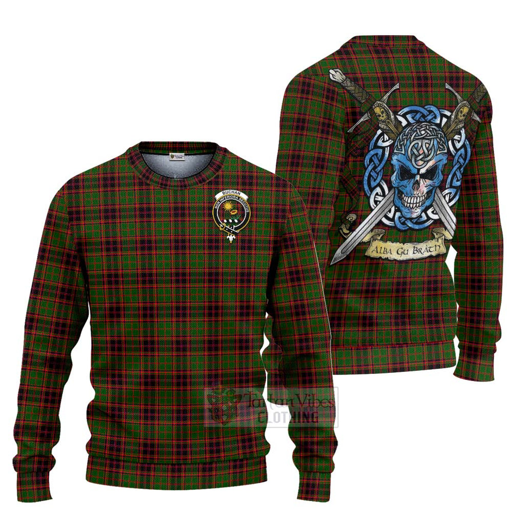 Tartan Vibes Clothing Buchan Tartan Knitted Sweater with Family Crest Celtic Skull Style