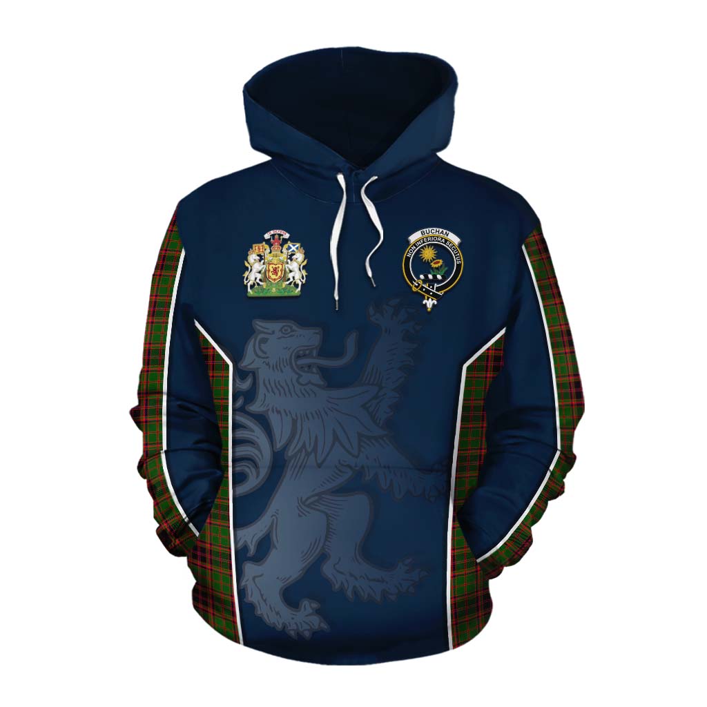 Tartan Vibes Clothing Buchan Tartan Cotton Hoodie with Family Crest and Lion Rampant Vibes Sport Style