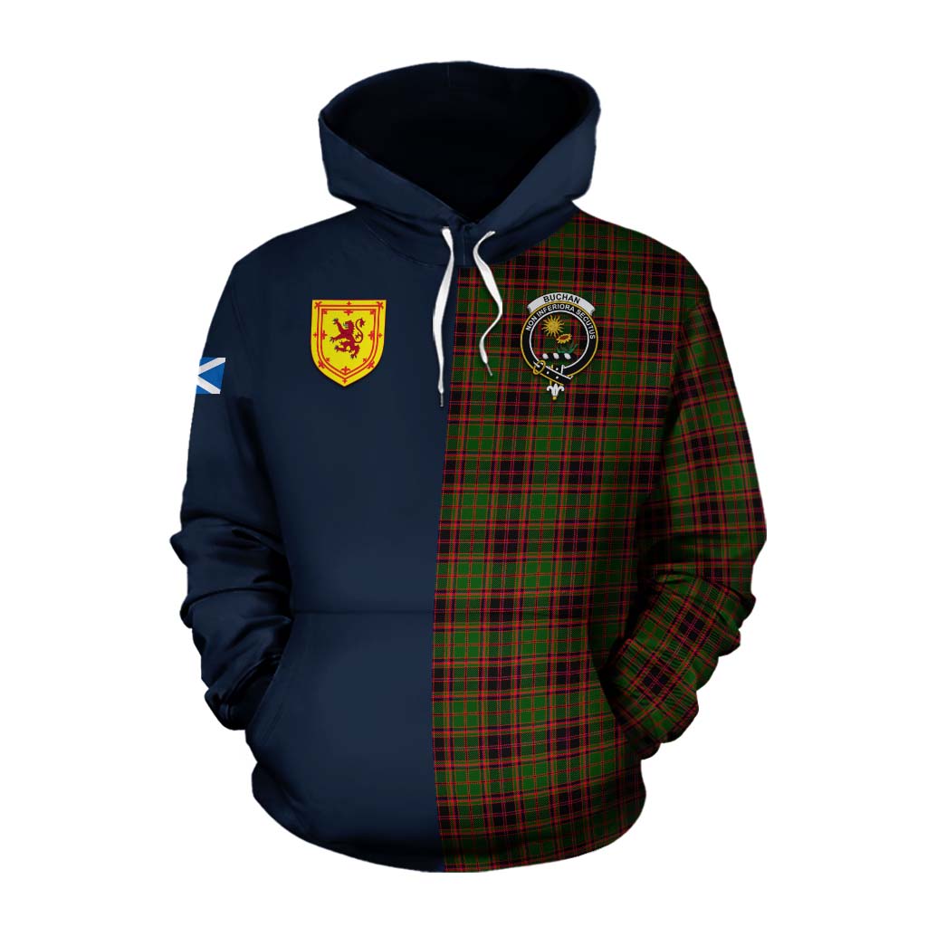 Tartan Vibes Clothing Buchan Tartan Cotton Hoodie Alba with Scottish Lion Royal Arm Half Style