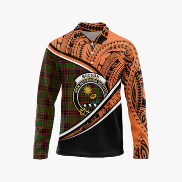 Buchan Crest Tartan Long Sleeve Polo Shirt with Polynesian Vibes Style - Orange Version