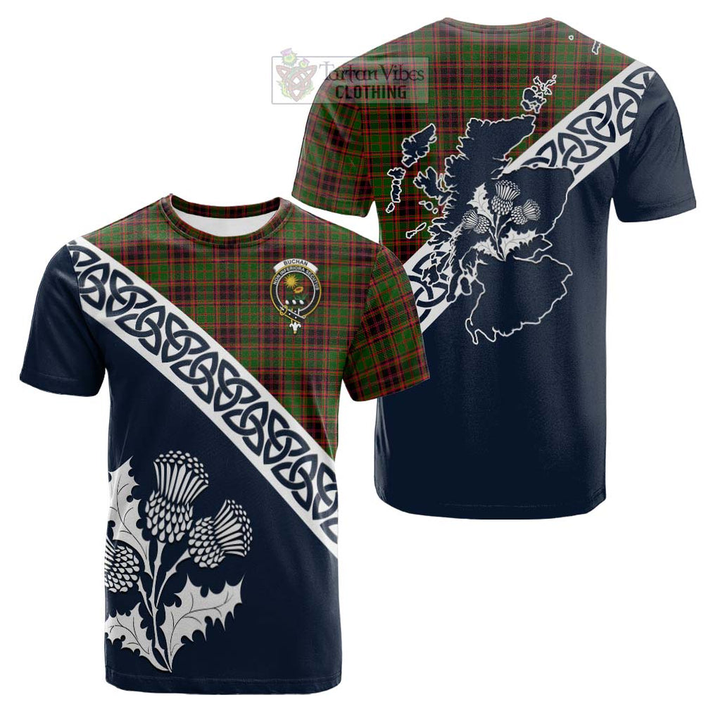 Tartan Vibes Clothing Buchan Tartan Cotton T-shirt Featuring Thistle and Scotland Map