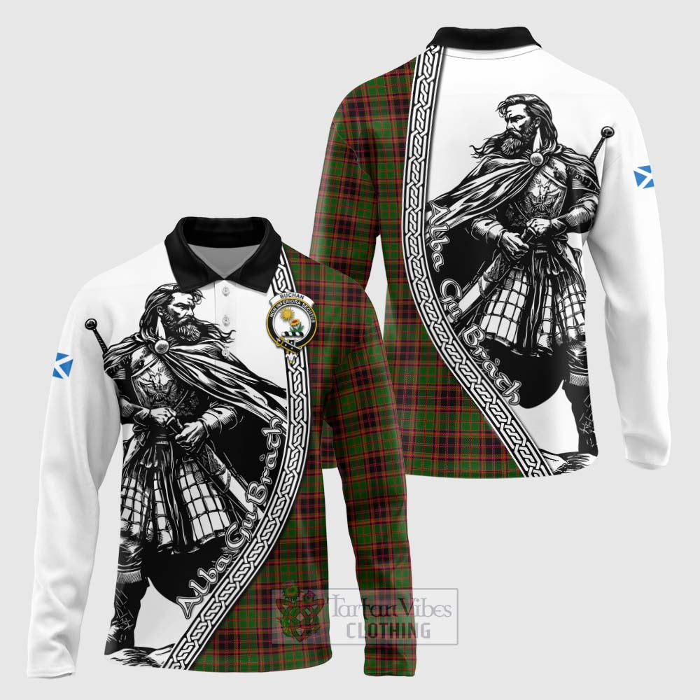 Tartan Vibes Clothing Buchan Tartan Clan Crest Long Sleeve Polo Shirt with Highlander Warrior Celtic Style