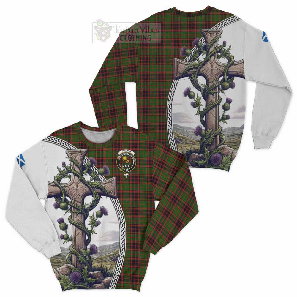 Tartan Vibes Clothing Buchan Tartan Sweatshirt with Family Crest and St. Andrew's Cross Accented by Thistle Vines