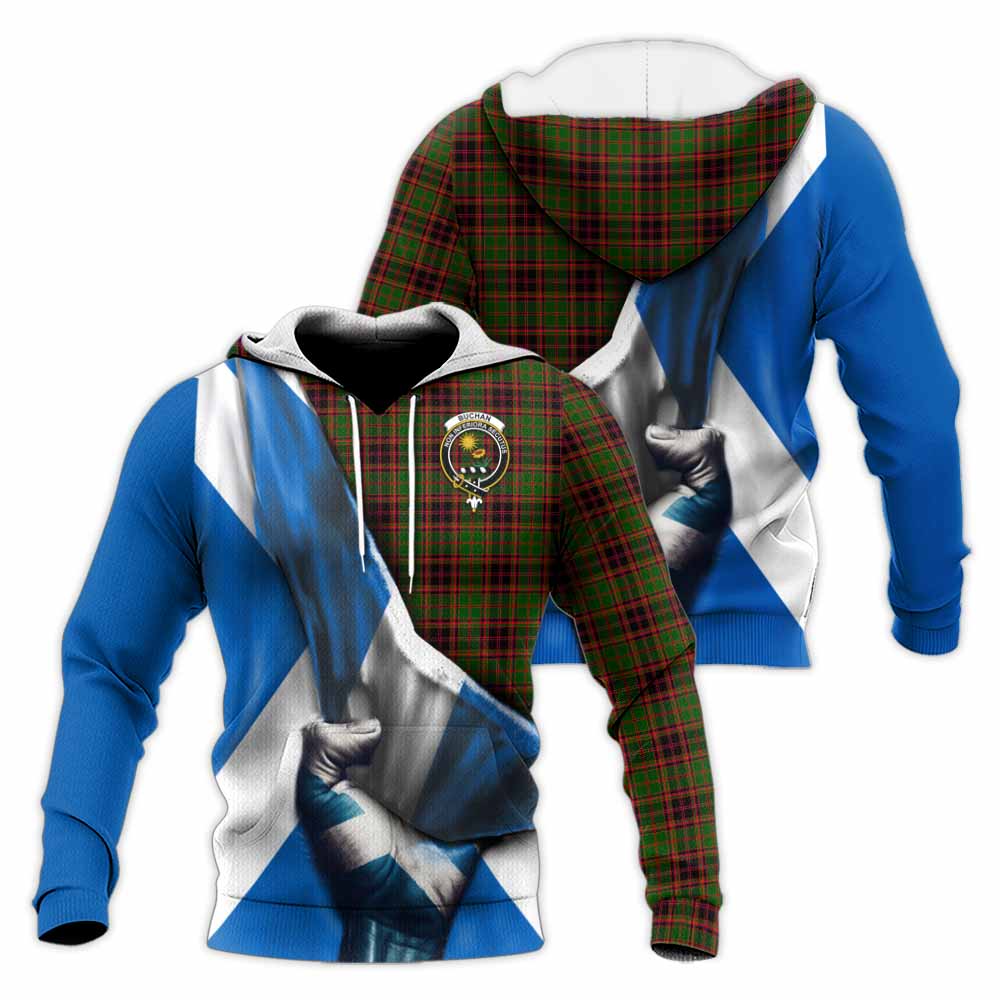 Tartan Vibes Clothing Buchan Tartan Knitted Hoodie with Family Crest Scotland Patriotic Style