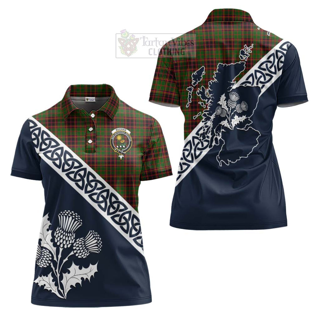 Tartan Vibes Clothing Buchan Tartan Women's Polo Shirt Featuring Thistle and Scotland Map