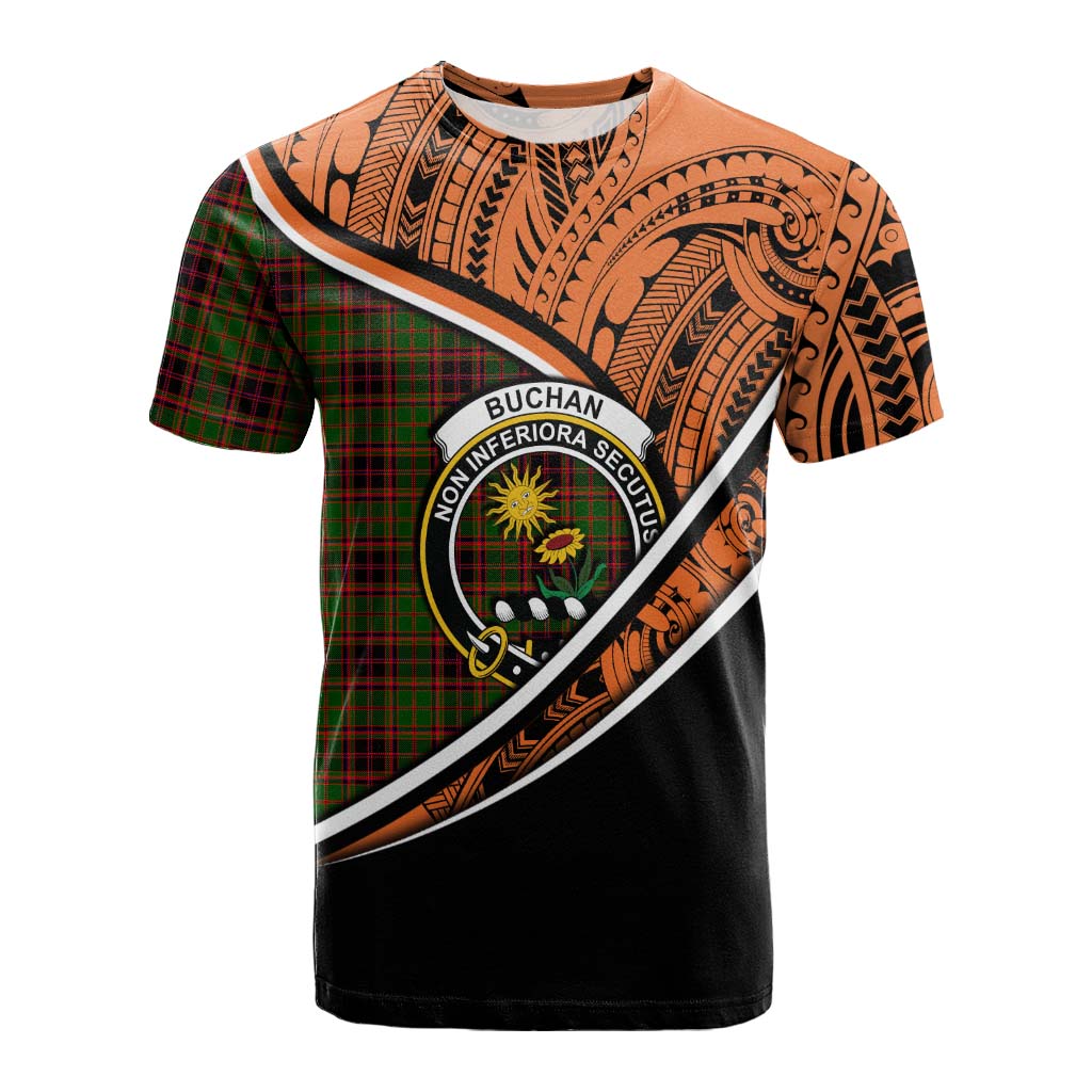 Tartan Vibes Clothing Buchan Crest Tartan Cotton T-shirt with Maori Tattoo Style - Orange Version